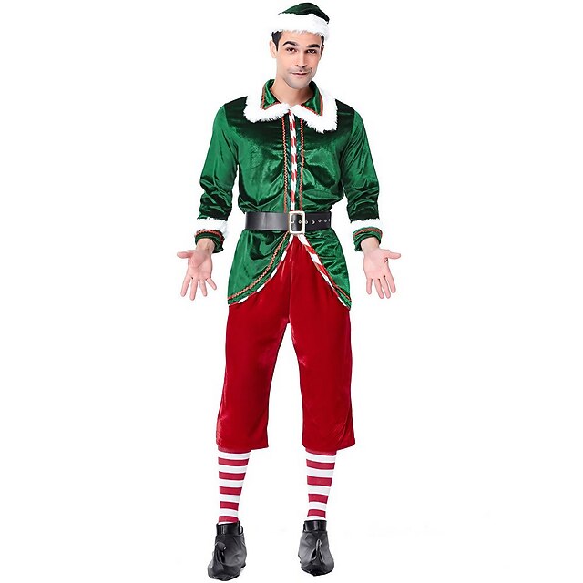 Santa Claus Elf Outfits Men's Christmas Cosplay Costume Adults' Christmas Christmas Eve Christmas Party Top Pants Belt Socks Hat4