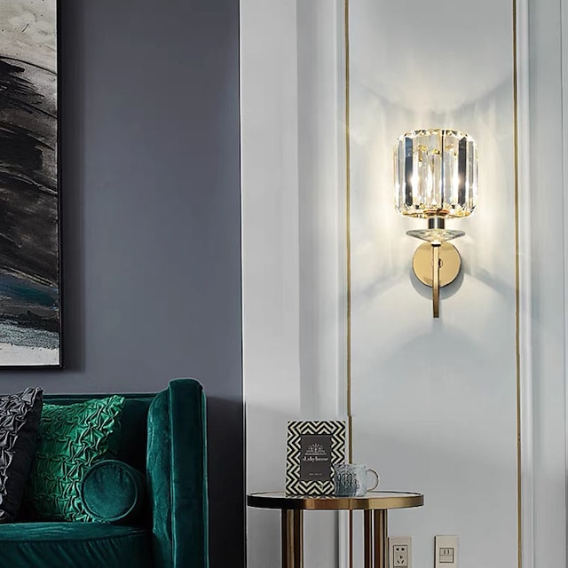  Luzes de parede led, arandela de parede de cristal para sala de estar de luxo iluminação lâmpada de parede de cristal de aço polido ouro criatividade corredor do quarto luzes de parede de cristal