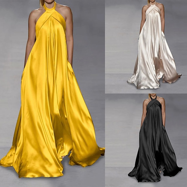  dam festklänning fläck maxi lång klänning vit svart gul ärmlös ren färg rynkad vår sommar halsringning elegant fest 2023 s m l xl 2xl 3xl