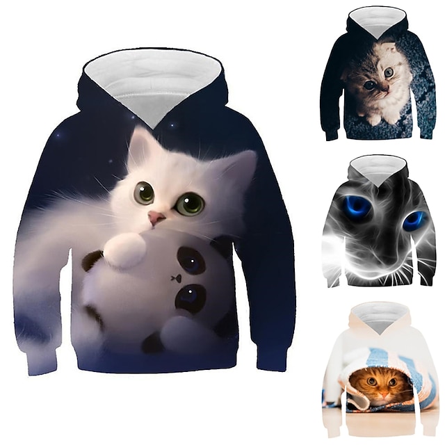  Kids Girls' Hoodie Long Sleeve 3D Print Animal Cat Pocket Blue Gray Navy Blue Children Tops Fall Winter Cute Adorable Outdoor Daily Regular Fit 3-13 Years