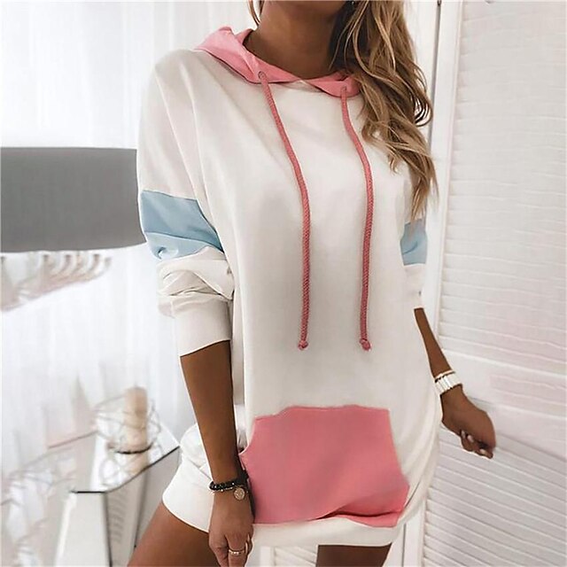  Women's long-sleeved hooded sweater contrast color stitching t-shirt women