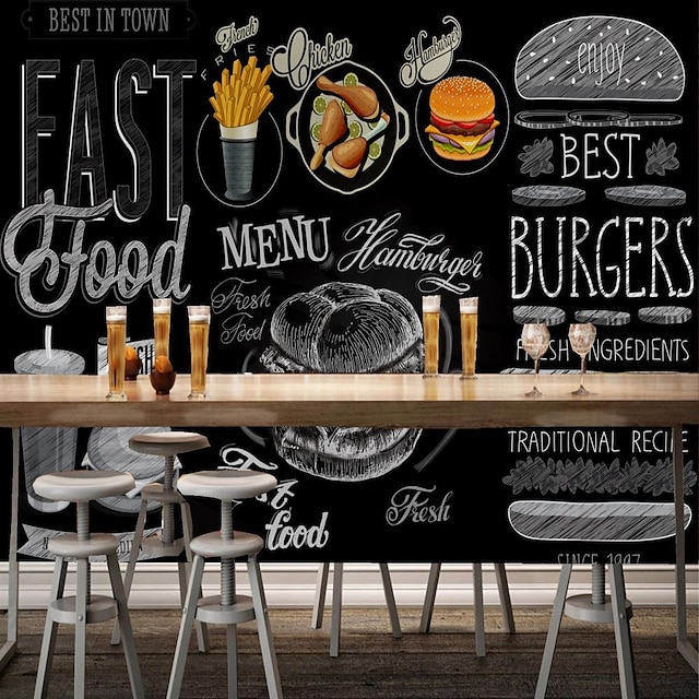  mural papel de parede adesivo de parede autoadesivo personalizado jantares ilustração hambúrguer frango frito pvc / vinil adequado para sala de estar quarto restaurante hotel decoração de parede arte
