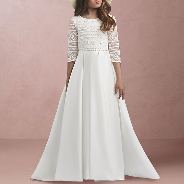 A-Line Floor Length Flower Girl Dress First Communion Cute Prom Dress Satin with Pearls Elegant Fit 3-16 Years 5