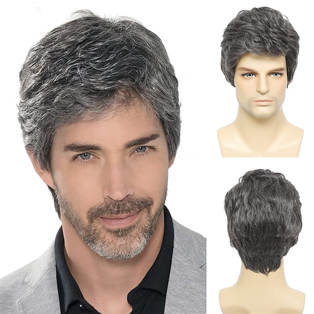  Men's Wigs Short Grey Wig Heat Resistant Synthetic Layered Natural Hair Cosplay Costume Halloween Wigs for Men Male Guy