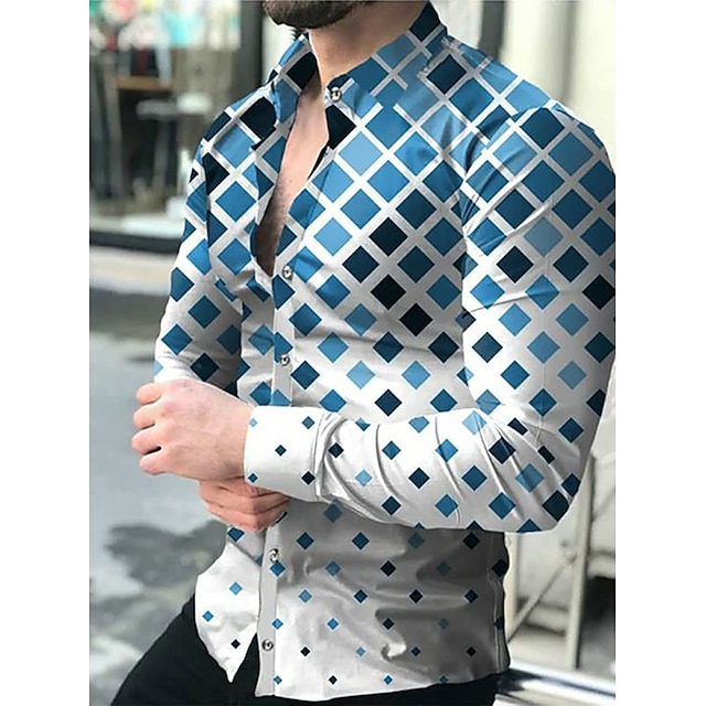  Men's Shirt Plaid Striped Graphic Prints Geometry Turndown Black Royal Blue Blue Dark Gray Beige 3D Print Outdoor Street Long Sleeve Print Button-Down Clothing Apparel Fashion Designer Casual Soft