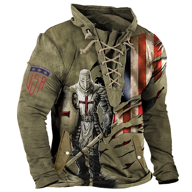  Men's Sweatshirt Pullover Yellow Blue Purple Brown Dark Gray Standing Collar Knights Templar Graphic Prints Lace up Sports & Outdoor Casual Daily 3D Print Streetwear Designer Basic Spring &  Fall