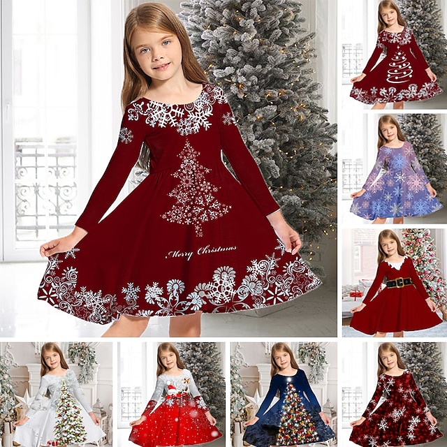  Niños Chica Vestido de Navidad Vestido Vestido de copo de nieve Animal Cada Copo Manga Larga Casual Cuello redondo Adorable Diario Poliéster Sobre la rodilla Vestido informal Vestido de Columpio