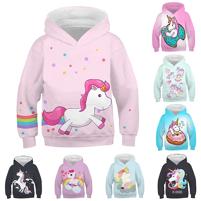  Kids Girls' Hoodie Cartoon Unicorn Long Sleeve Fall Winter Active Fashion Cotton Casual Regular Fit