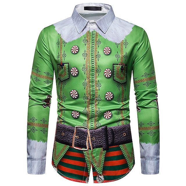  Herr Skjorta Björn Grafiska tryck Nedvikt Grön 3D-tryck Jul Gata Långärmad Button-Down Mönster Kläder Mode Designer Ledigt Mjukt