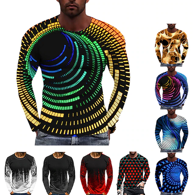 Men's Graphic Prints Spiral Stripe T Shirt Long Sleeve T shirt 3D Print Crew Neck Shirt Designer Casual Big and Tall Daily Holiday A B C Spring & Fall Clothing Apparel S M L XL XXL 3XL 4XL 23