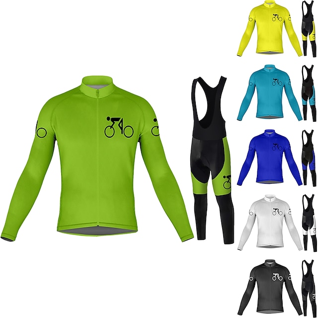  Men's Long Sleeve Cycling Jersey with Bib Tights Blue Bike 3D Pad Breathable Quick Dry Sports Graphic Clothing Apparel
