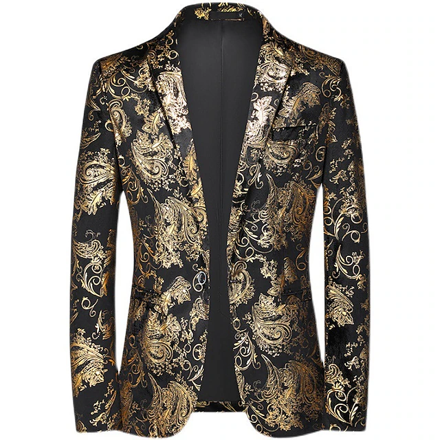 Men's Blazer Cocktail Attire Wedding Party Cocktail All Seasons Polyester Floral Single Breasted Two-button Blazer Silver Gold 9