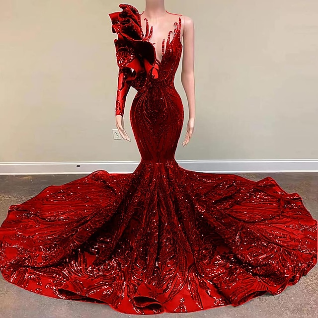  Meerjungfrau Abendkleid Pailletten Elegantes Kleid Verlobung Formelles Abendkleid Gerichtsschleppe Langarm Ein Schulter Maskeradenkleid