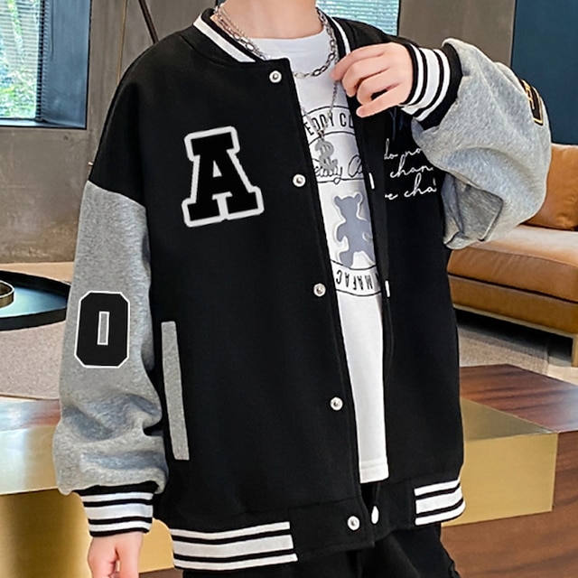  Kids Boys Baseball Jackets Outerwear Cartoon Letter Long Sleeve Coat Outdoor Fashion Cool Black Winter Fall 7-13 Years