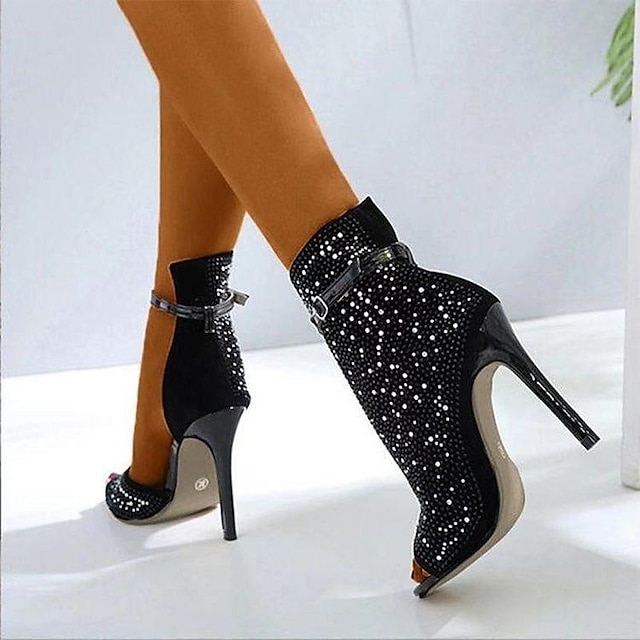  Women's Boots Outdoor Daily Sandals Boots Summer Boots Booties Ankle Boots Summer Rhinestone Buckle Stiletto Heel Peep Toe Elegant Sexy PU Leather Buckle Black