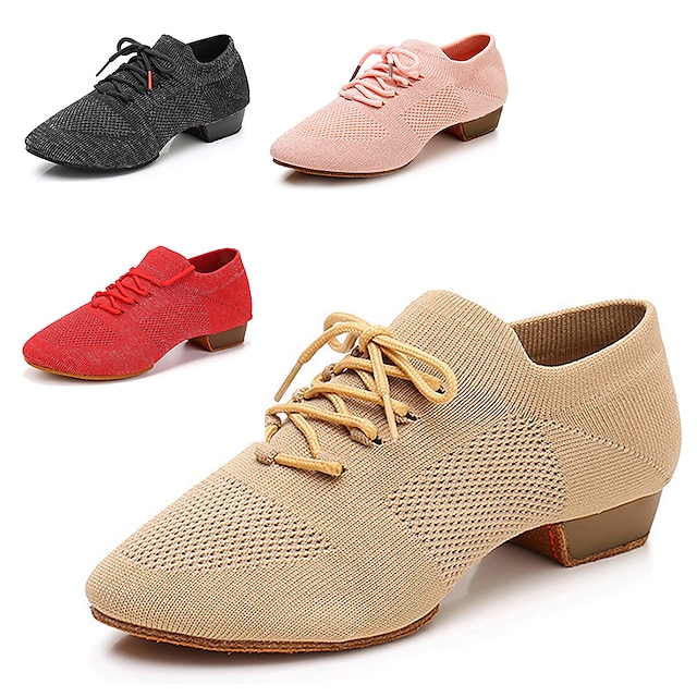  Women's Jazz Shoes Performance Professional Professional Practice Thick Heel Round Toe Lace-up Adults' Light Brown Black Rosy Pink