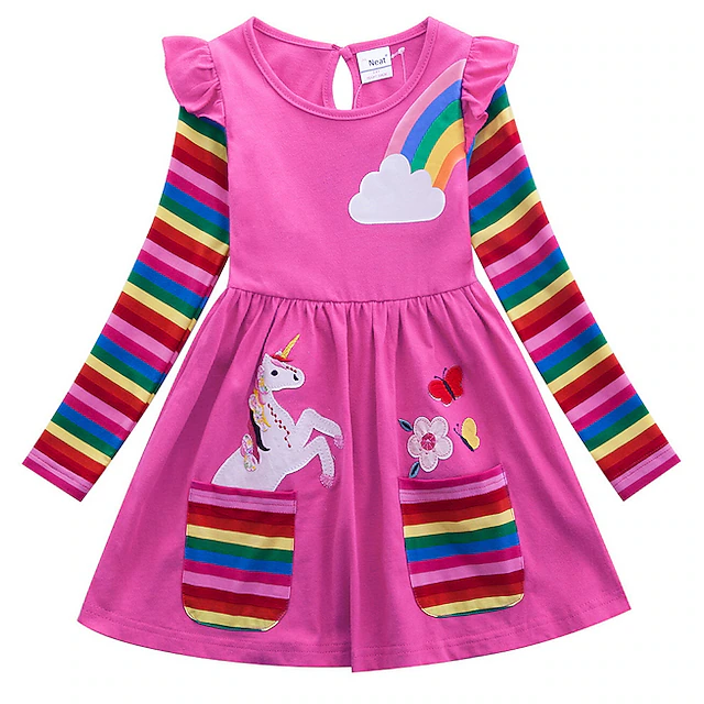 Kids Little Girls' Dress Unicorn Rainbow Flower T Shirt Dress Tee Dress Cartoon With Pockets Print Blue Yellow Cotton Above Knee Long Sleeve Active Casual Dresses Regular Fit 2-8 Years 10