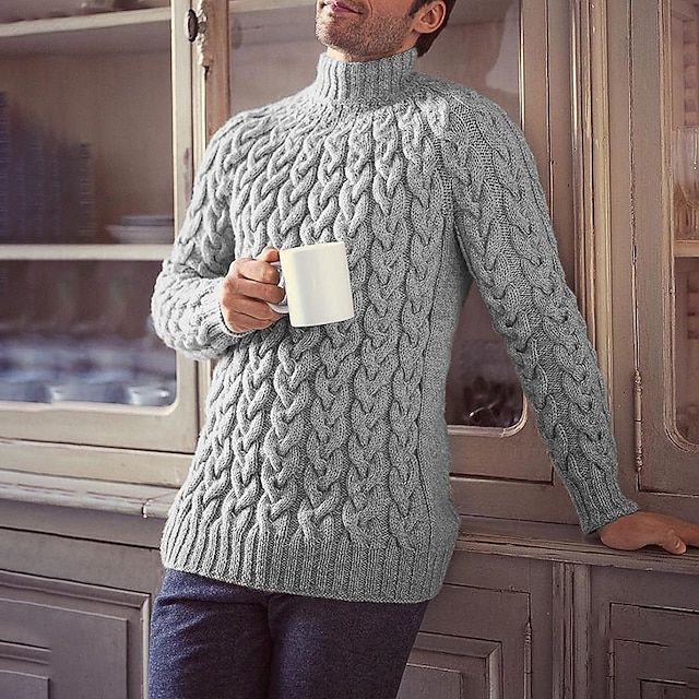 Mens Turtleneck Sweater Cable Knit Sweater Tops Casual Loose Fit