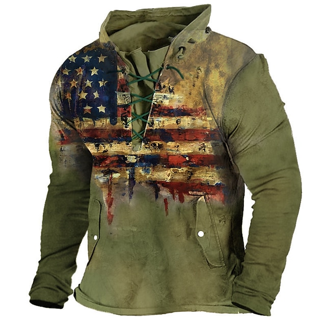  Men's Sweatshirt Pullover Denim Blue Yellow Blue Brown Khaki Standing Collar Graphic Prints National Flag Lace up Pocket Sports & Outdoor Casual Daily 3D Print Streetwear Designer Basic Spring &  Fall