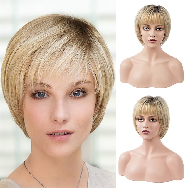  Short Blonde Wig 10 Layered Bob Wig with Bangs Chic Chin-Length Replacement Hair Wigs for Women Daily Use Party - Pearl Blonde with Black Roots