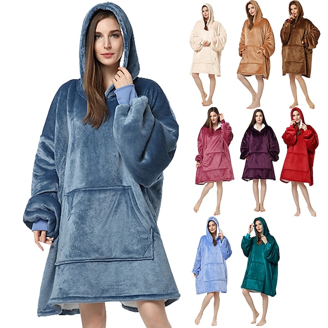  Volwassenen Oversized hoodiedeken Draagbare deken met zak Effen Kleur Onesie pyjama's Katoenflanel Cosplay Voor Mannen & Vrouwen Carnaval Dieren nachtkleding spotprent