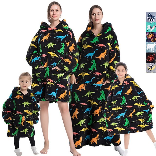  Børne Voksne Oversized hættetrøje tæppe Bærbart tæppe med lomme Dinosaurus Dyr Onesie-pyjamas Flonel Cosplay Til Herre Dame Drenge Jul Nattøj Med Dyr Tegneserie