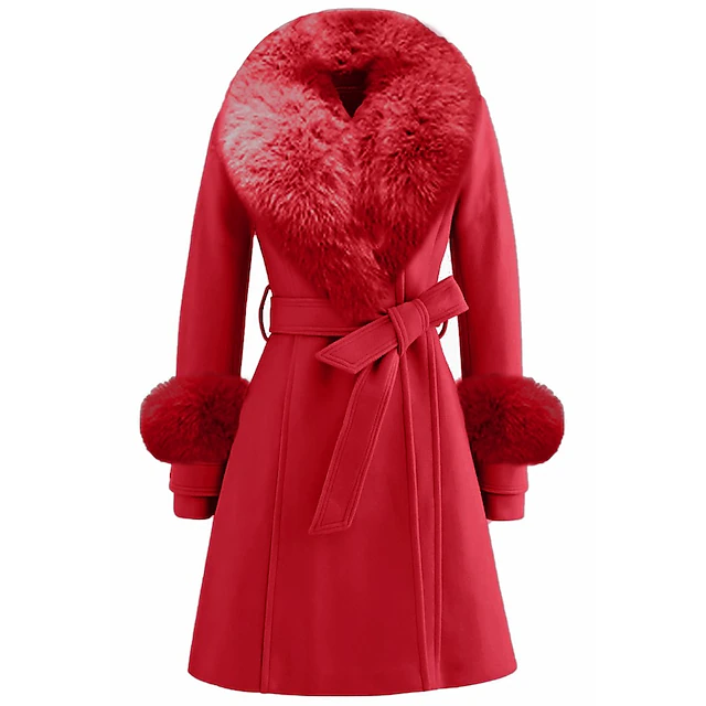 Women's Winter Coat Long Overcoat with Faux Fur Wool Blend Belted Dress ...