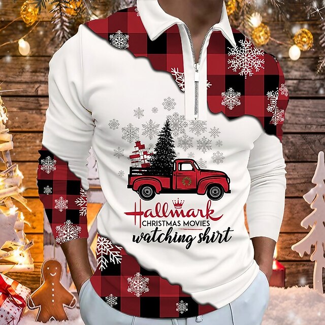 Men's Christmas Golf Shirt 3D Print Plaid Car Letter Zipper Print Long