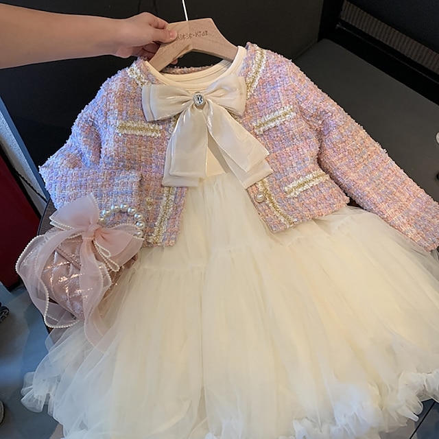  2 Stück Baby Mädchen Feste Farbe Rundhalsausschnitt Kleider-Set einstellen Langarm Modisch Outdoor Baumwolle 3-7 Jahre Herbst Weiß