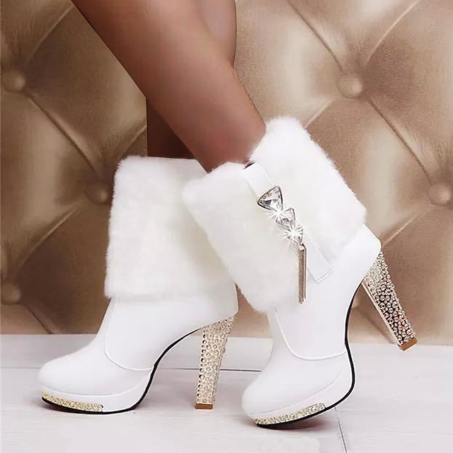  Women's Boots Valentines Gifts White Shoes Wedding Boots Party Outdoor Solid Color Solid Colored Fleece Lined Booties Ankle Boots Winter Fur Trim Crystal Tassel Platform High Heel Pointed Toe Elegant