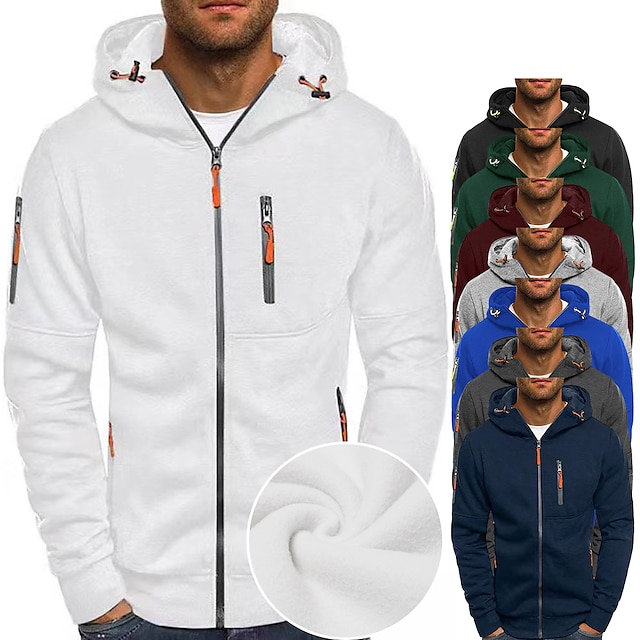  Men's Hoodie Jacket Full Zip Hoodie Jacket Sweat Jacket Black White Wine Navy Blue Royal Blue Hooded Solid Color Zipper Casual Fleece Cool Casual Big and Tall Winter Spring &  Fall Clothing Apparel