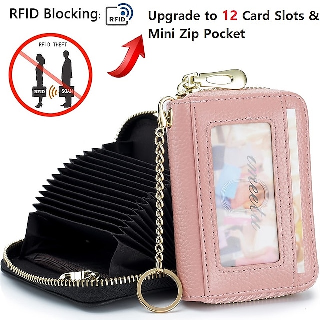  RFID Credit Card Holder Small Leather Zipper Card Case Wallet with Removable Keychain ID Window