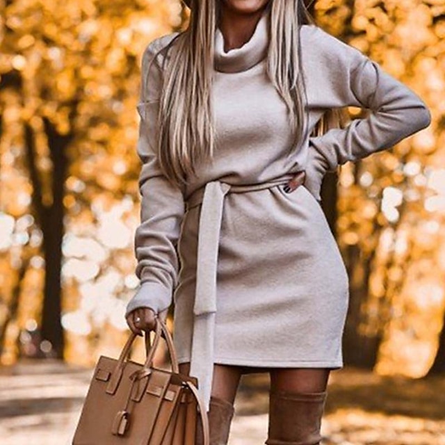  Women's Sweater Dress Casual Dress Corset Dress Mini Dress Black Purple Brown Pure Color Long Sleeve Winter Fall Spring Lace up Basic Turtleneck Loose Fit Daily Vacation 2022 S M L XL XXL 3XL