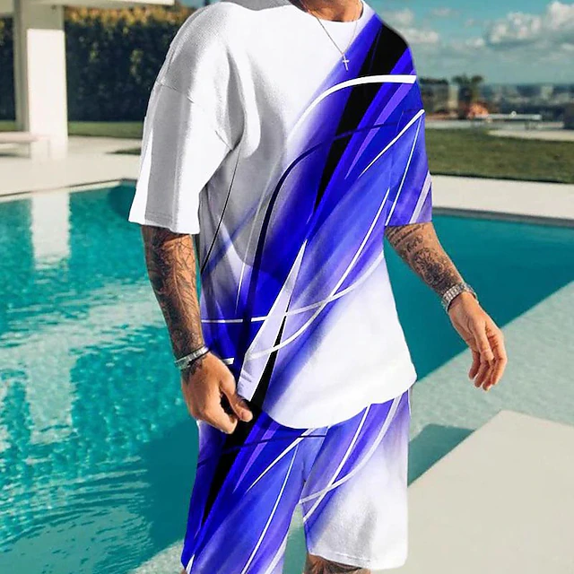 Men's Color Block Graphic Prints 2pcs Tees sets Matching Sets Short Sleeve Short Pants Crew Neck Basic Classic Comfortable Outdoor Street Daily 3D Print Summer Spring Red Blue Purple4