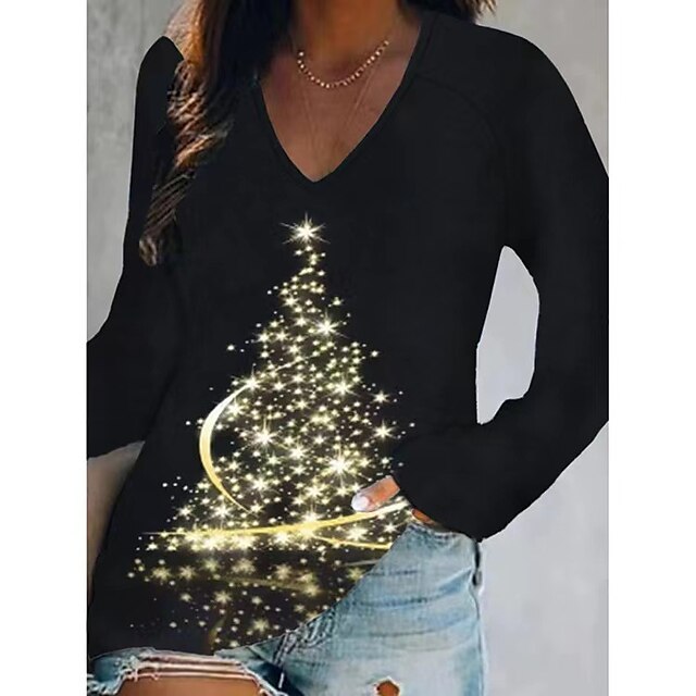 Women's T shirt Tee Christmas Shirt Christmas Tree Black Pink Wine ...