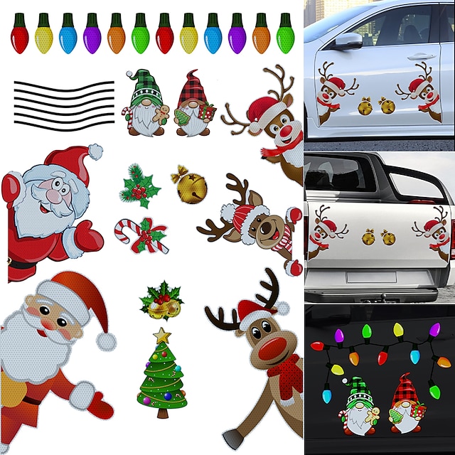  Christmas Decoration Magnetic Car Stickers Decals Refrigerator Magnets Bulb Santa Snowman Dwarf Reflective Sticker for Car Home