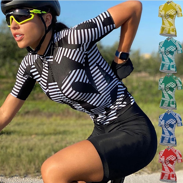  21Grams 女性用 サイクリングジャージー 半袖 バイク トップス 3つのリアポケット付き マウンテンサイクリング ロードバイク 高通気性 吸汗性 速乾性 反射性ストリップ ブラック イエロー レッド 縞柄 スポーツ 衣類