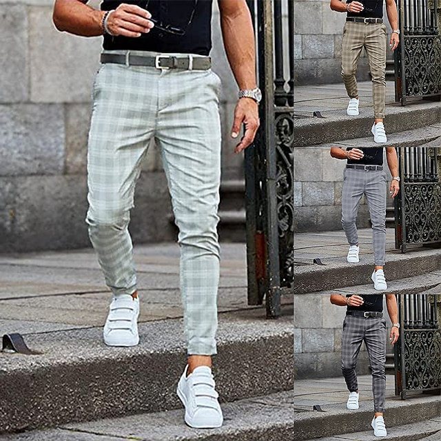 Men's Trousers Chinos Slacks Chino Pants Pencil Plaid Checkered Lattice Soft Full Length Daily Weekend Office / Business Casual / Sporty Light Green Khaki Inelastic 8