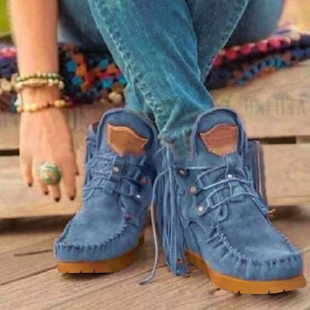  Women's Boots Tassel Shoes Plus Size Outdoor Office Work Booties Ankle Boots Winter Tassel Flat Heel Round Toe Vintage Walking Shoes Faux Leather Zipper Solid Colored Black Blue Brown