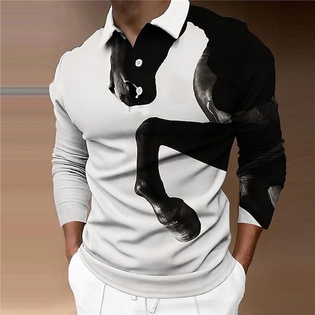  Men's Polo Shirt Golf Shirt Animal Horse Graphic Prints Turndown White Navy Blue 3D Print Outdoor Street Long Sleeve Print Button-Down Clothing Apparel Fashion Designer Casual Soft