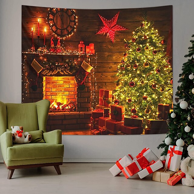  Christmas Santa Claus Wall Tapestry Xmas Photography Background Art Decor Tablecloth Hanging Home Bedroom Living Room Dorm Decoration Chimney Fireplace Wooden Board Christmas Tree Gift