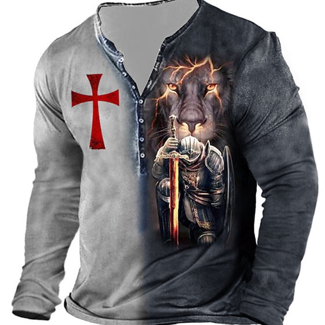  男性用 グラフィック テンプルクロス 十字架 Tシャツ ヘンリーシャツ 長袖 3Dプリント デザイナー ベーシック クラシック アウトドア 日常 スポーツ 春夏 イエロー ブルー パープル グレー ヘンリー ヘンリーTシャツ