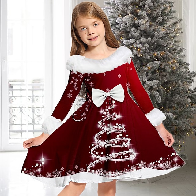  Kids Girls' Dress Long Sleeve Casual Fur Trim Crewneck Adorable Daily Polyester Above Knee Casual Dress Swing Dress A Line Dress Fall Winter 2-13 Years Multicolor Black White