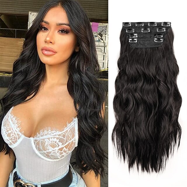  Clip in Hair Extensions 20Inch 4PCS Long Soft Waves Natural Black Clip in Hair Extensions Synthetic Fiber Double Weft Thick Hair Pieces For Women Daily Wear