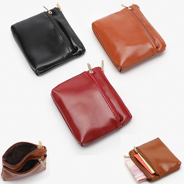  Unisex Coin Purse Wallet Credit Card Holder Wallet PU Leather Outdoor Daily Zipper Solid Color Black Red Brown