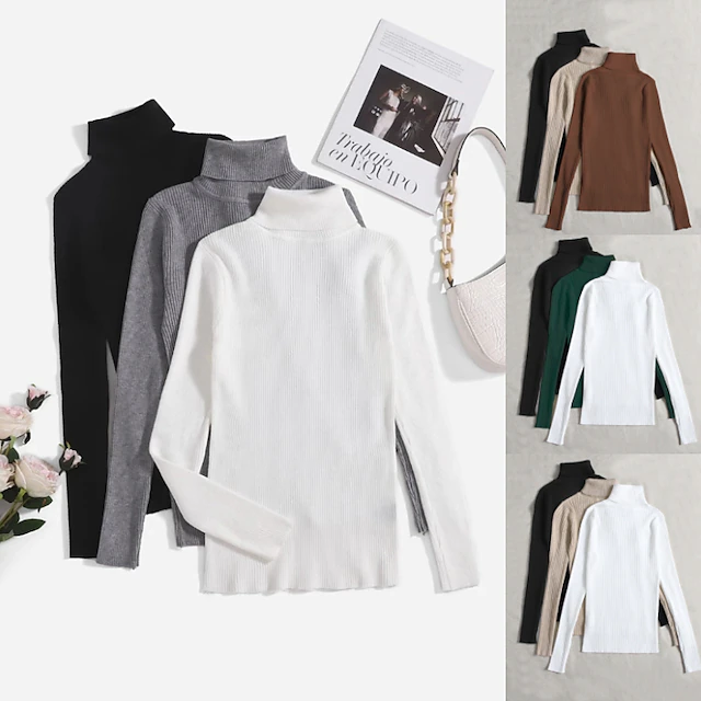 Women's Pullover Sweater Jumper Basic Casual Solid Color Ribbed Turtleneck Knitted Thin Long Sleeve Knit Daily Black+White+Gray Black+Apricot+Brown Fall Winter 16