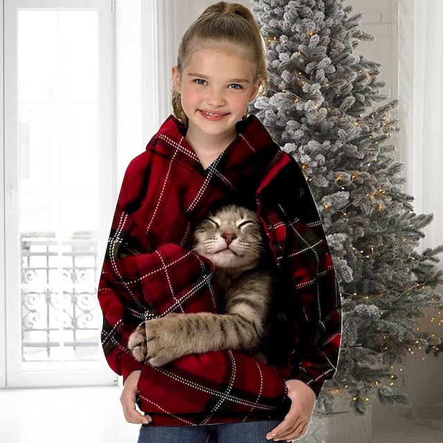  dziecięca bluza z kapturem dla dziewczynek prezenty ze zwierzętami długi rękaw kieszeń słodkie 7-13 lat zimowe wino
