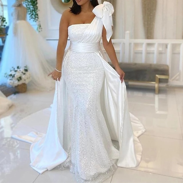  Hall Wedding Dresses Mermaid One Shoulder Sleeveless Chapel Train Sequined Bridal Gowns With Bow(s) Sequin