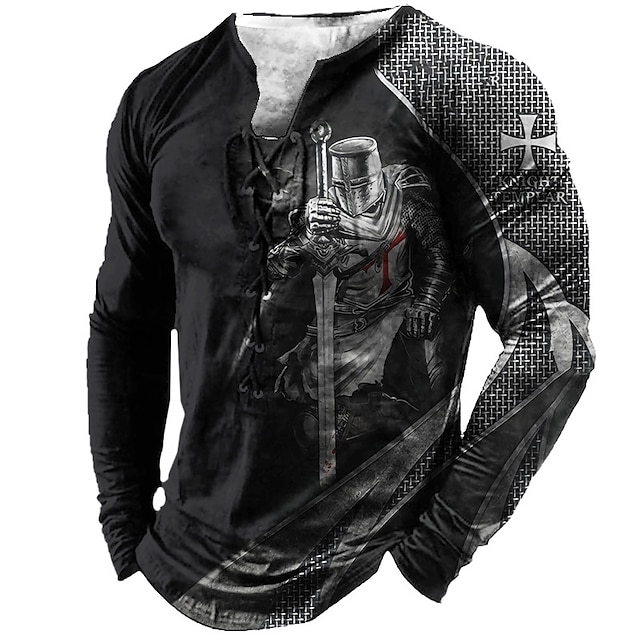  Bărbați Tricou Tricouri Grafic Crucea Templieră Henley Negru Maro Deschis Maro Gri Închis Tipărire 3D Knight Mărime Plus În aer liber Stradă Manșon Lung Cu Șiret Imprimeu Îmbrăcăminte Designer Stilat