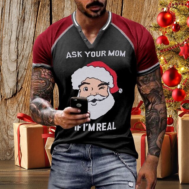 Christmas Men's Santa Claus Henley T Shirt Helper Graphic Tee Color Block Claus Prints V-Neck Red 3D Outdoor Short Sleeve Patchwork Button Down Ask Your Mom If 'M Real Black Cotton Neck Button-Down4